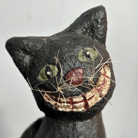Primitive Black Cat Smiley Whiskers Sculpture w/ Pumpkin Paper Mache Figure - Picture 5 of 9